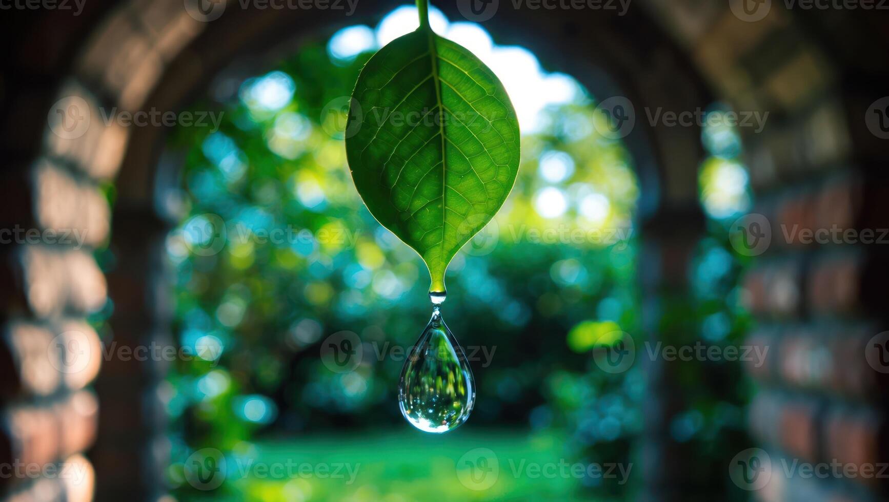 Water Drop Hanging From Leaf in Garden with Brick Archway photo