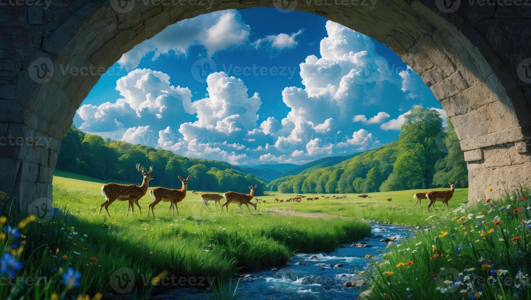 Deer Grazing in Meadow Under Stone Archway with Stream Flowing photo