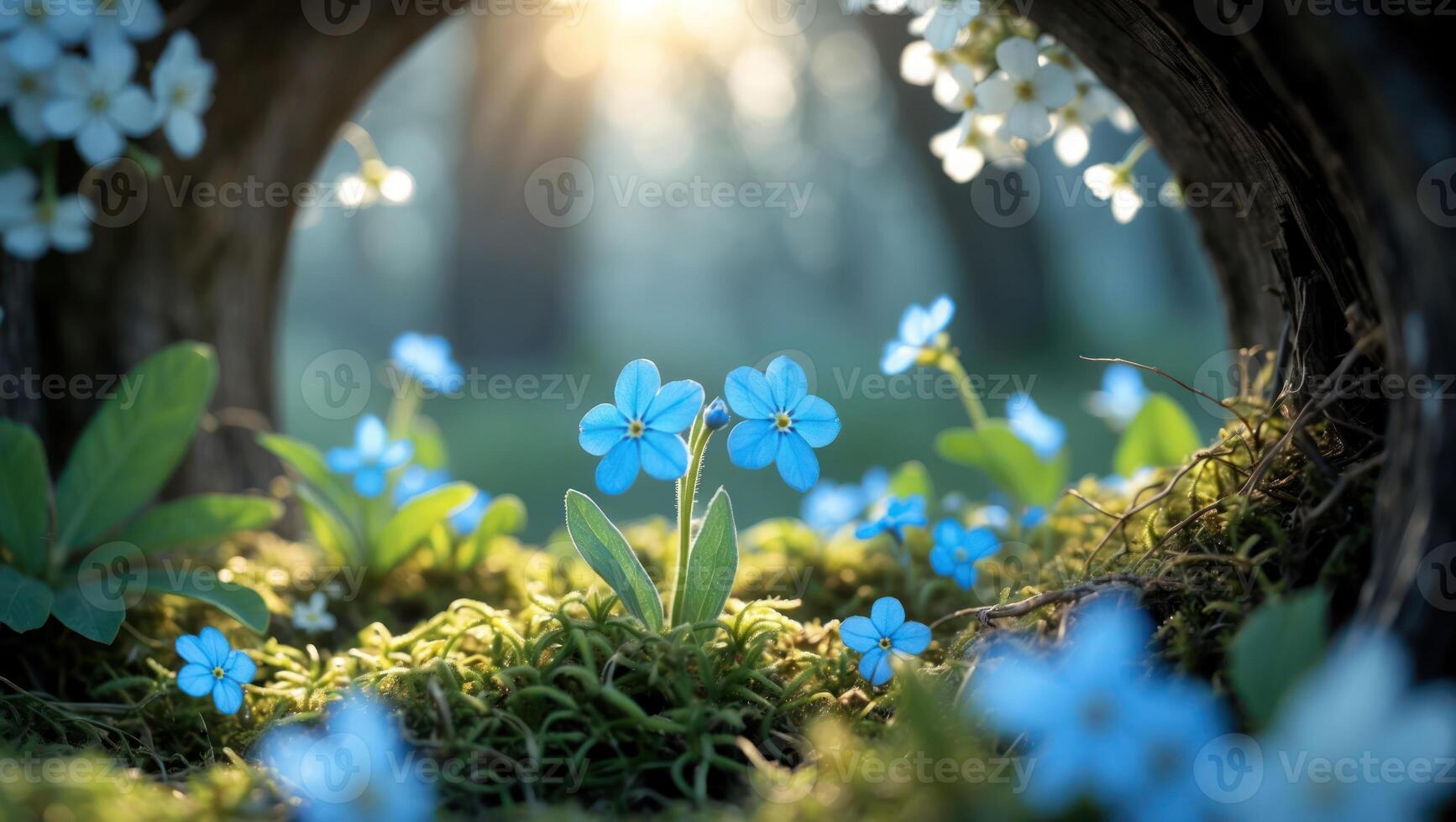 Blooming Blue Flowers on Mossy Forest Floor with Sunlight Shining Through photo
