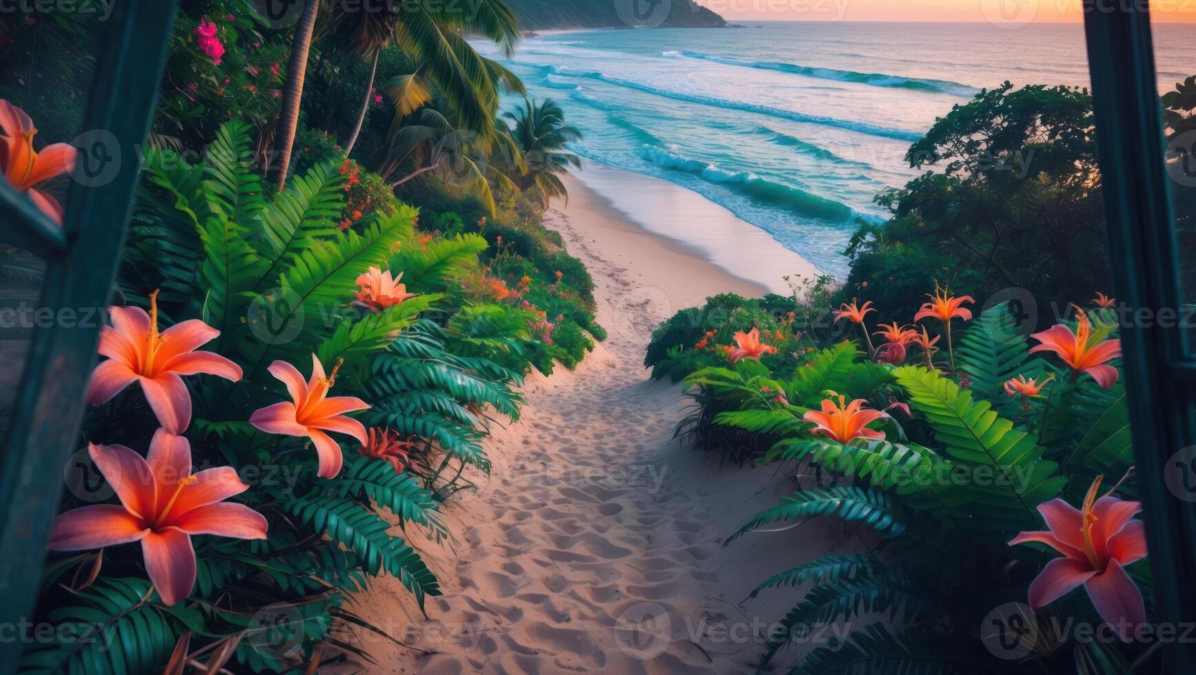 Tropical Beach View From Window with Flowers and Palm Trees photo