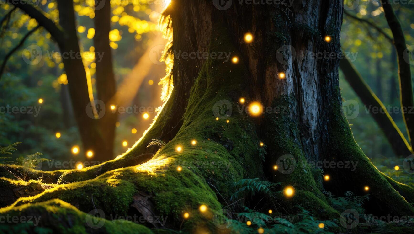 Enchanted Forest Scene with Moss Covered Tree and Glowing Lights photo