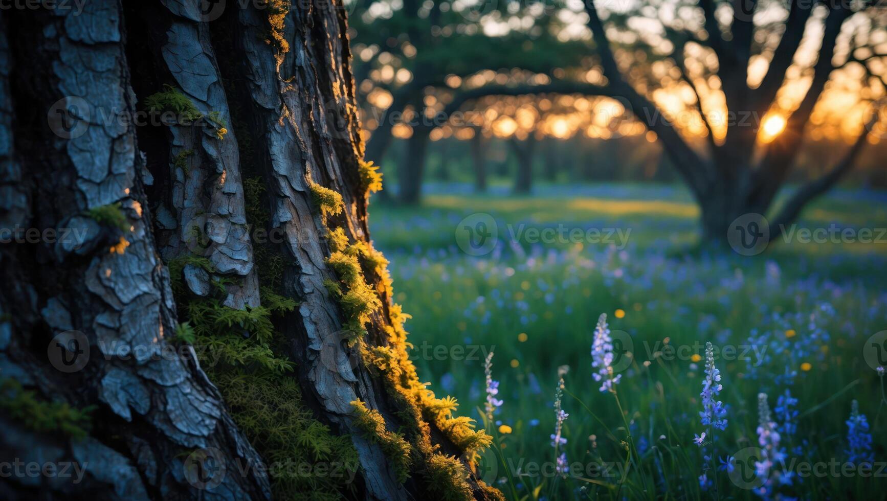 Mossy Tree Trunk in Wildflower Meadow at Golden Hour photo