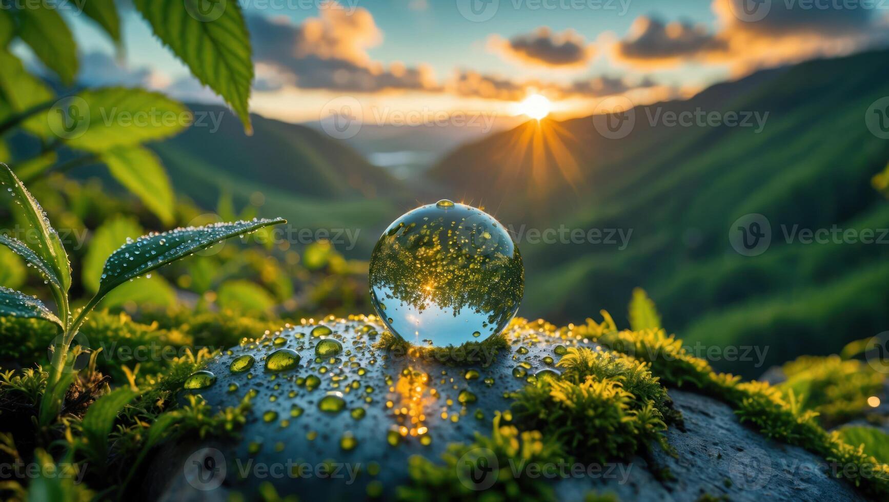 Crystal Ball Reflecting Mountain Landscape at Sunrise with Dew Drops photo