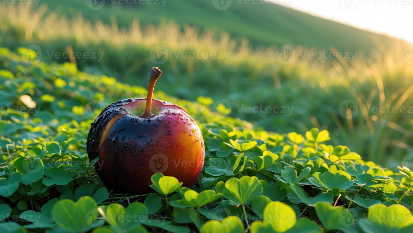 Apple Resting on Clover Field with Soft Sunlight and Fresh Air photo