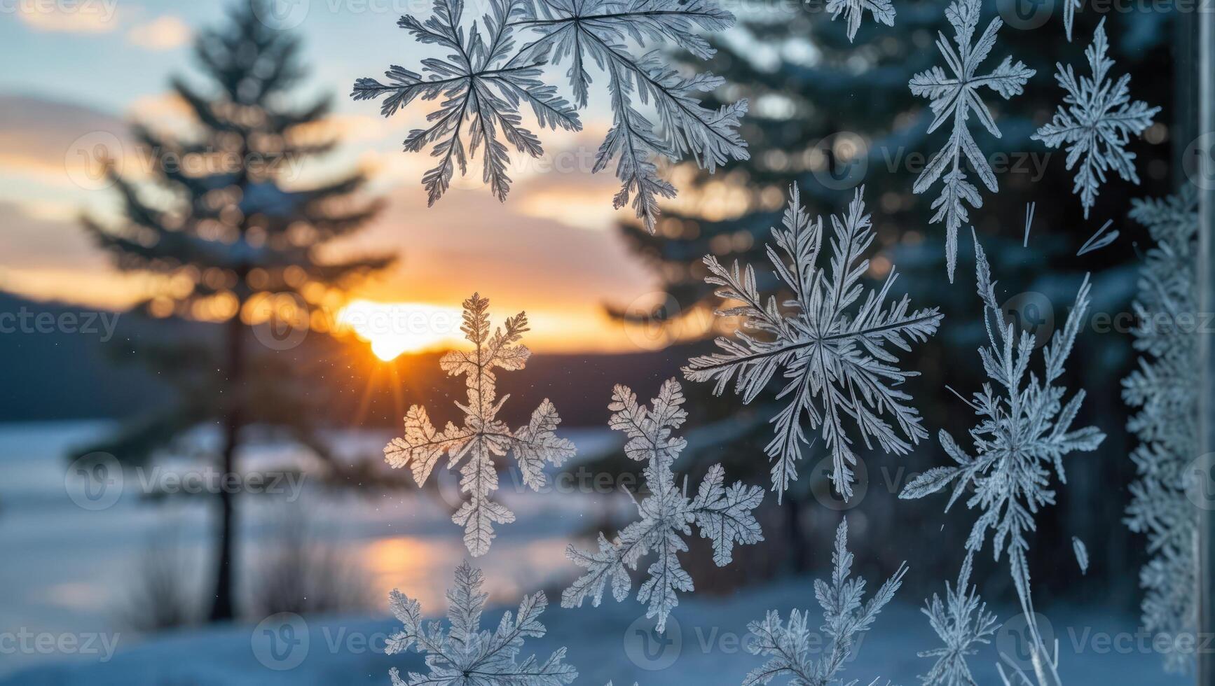 Snowflake Patterns on Glass Window with Winter Sunset View photo