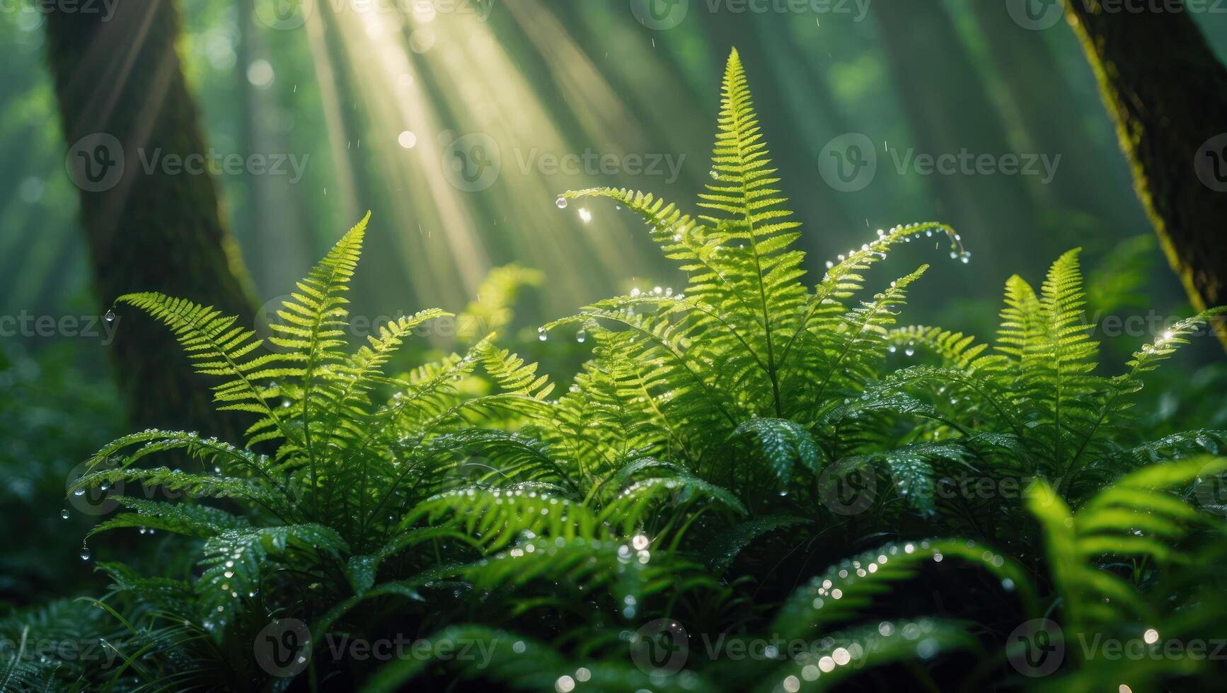 Ferns in Forest with Sunlight and Water Droplets Creating Serene Scene photo