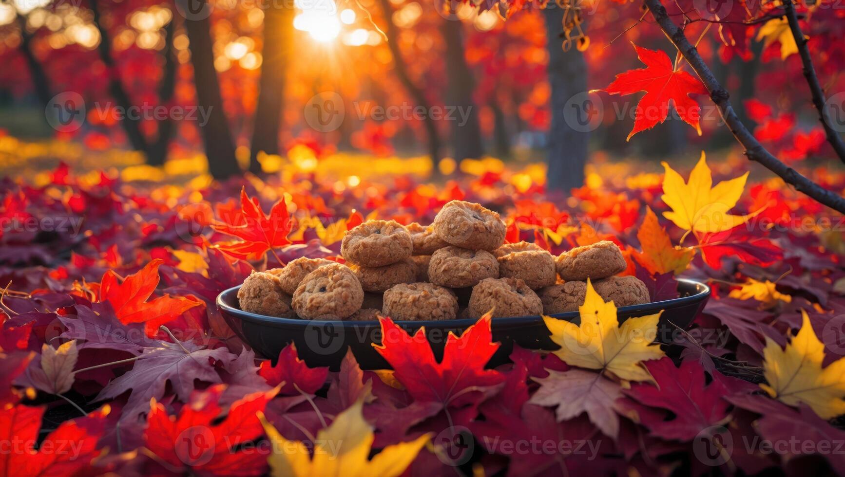 Cookies on Plate Amidst Colorful Autumn Leaves in Forest Sunlight photo