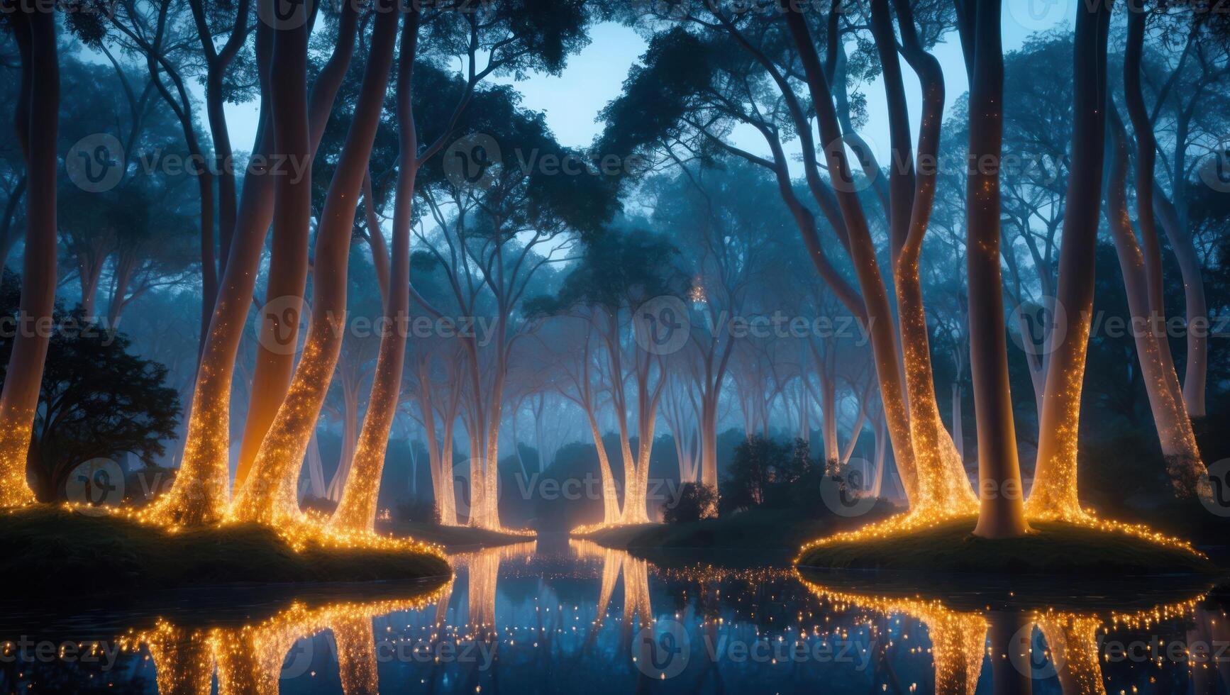 Magical Trees Reflecting in Water with Fairy Lights at Dusk photo