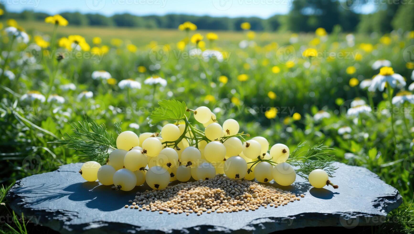 Serving White Currants and Mustard Seeds on Slate in Meadow photo