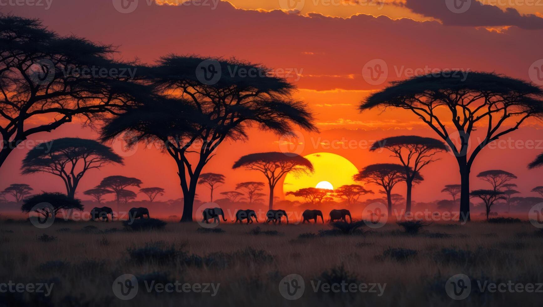Elephants Walking Across Savannah at Sunset with Silhouetted Trees photo