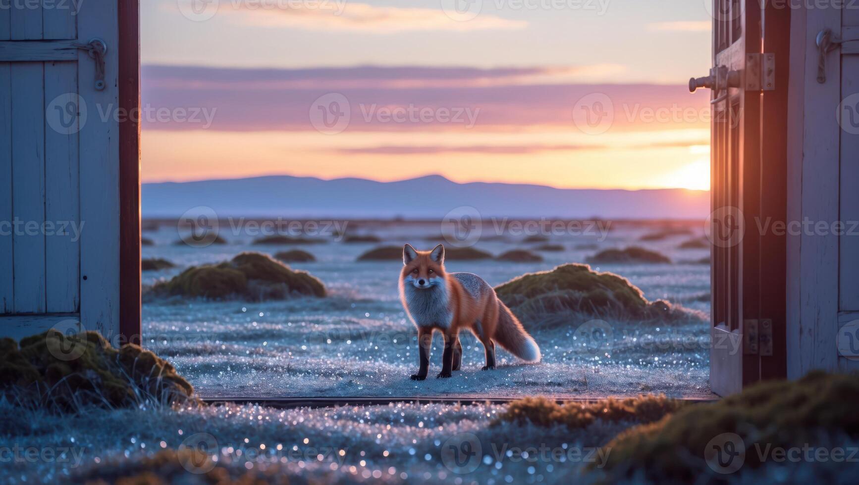Fox Standing on Frosty Meadow Glimpsing Dawn Light Through Open Door photo
