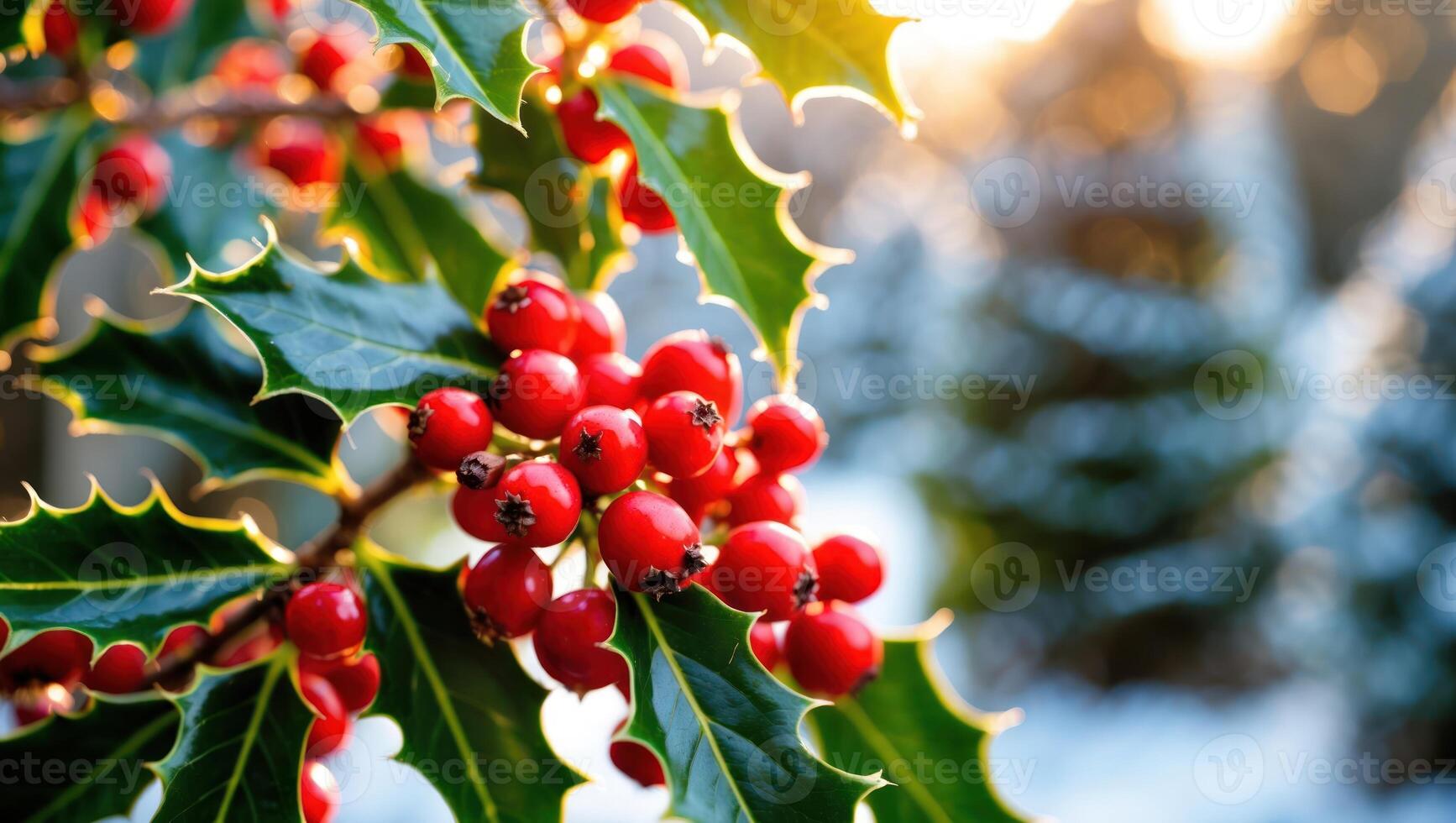Red Berries with Green Leaves and Winter Trees in Background photo