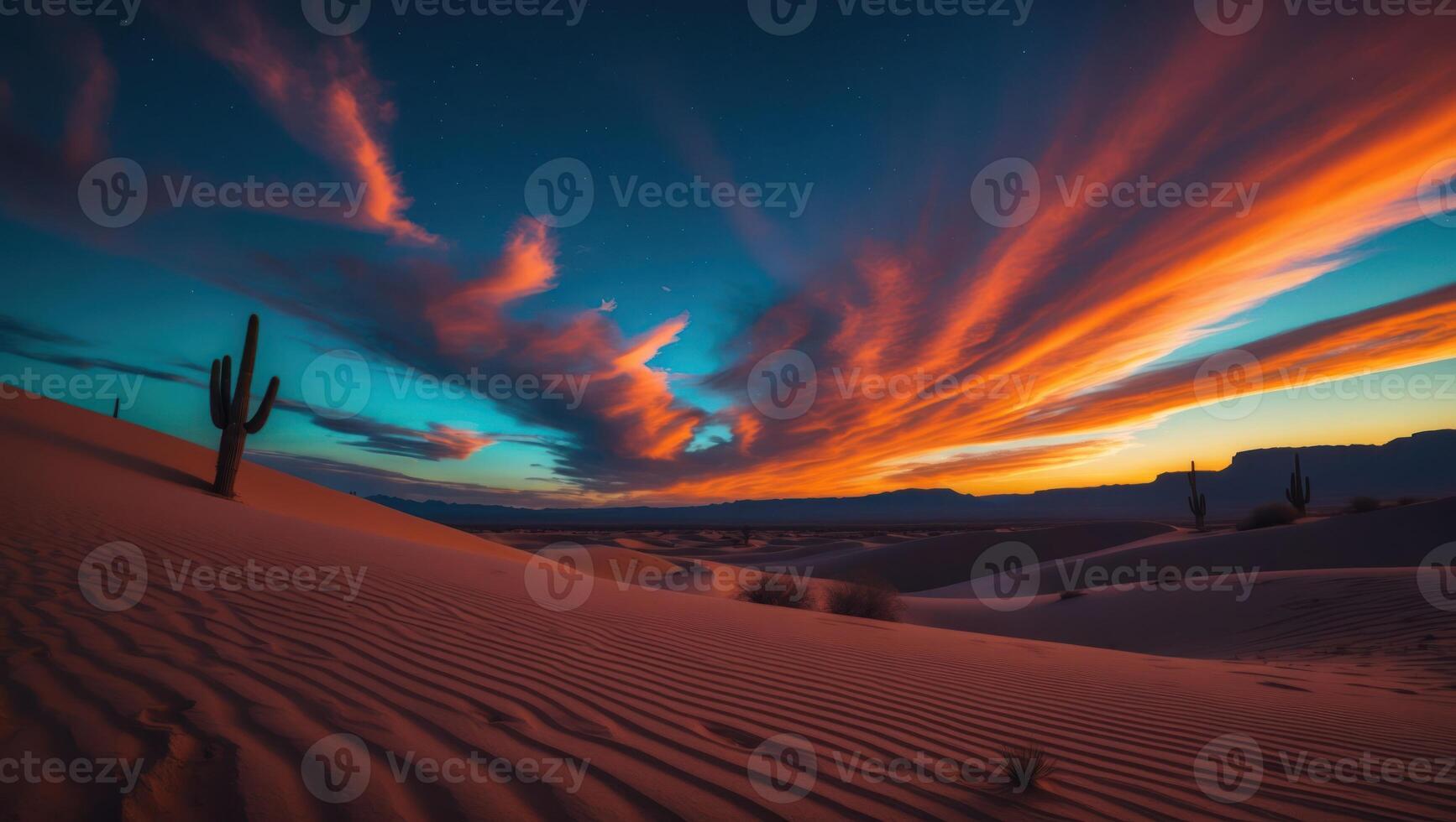 Desert Landscape with Cactus Silhouette at Dramatic Sunset Sky photo