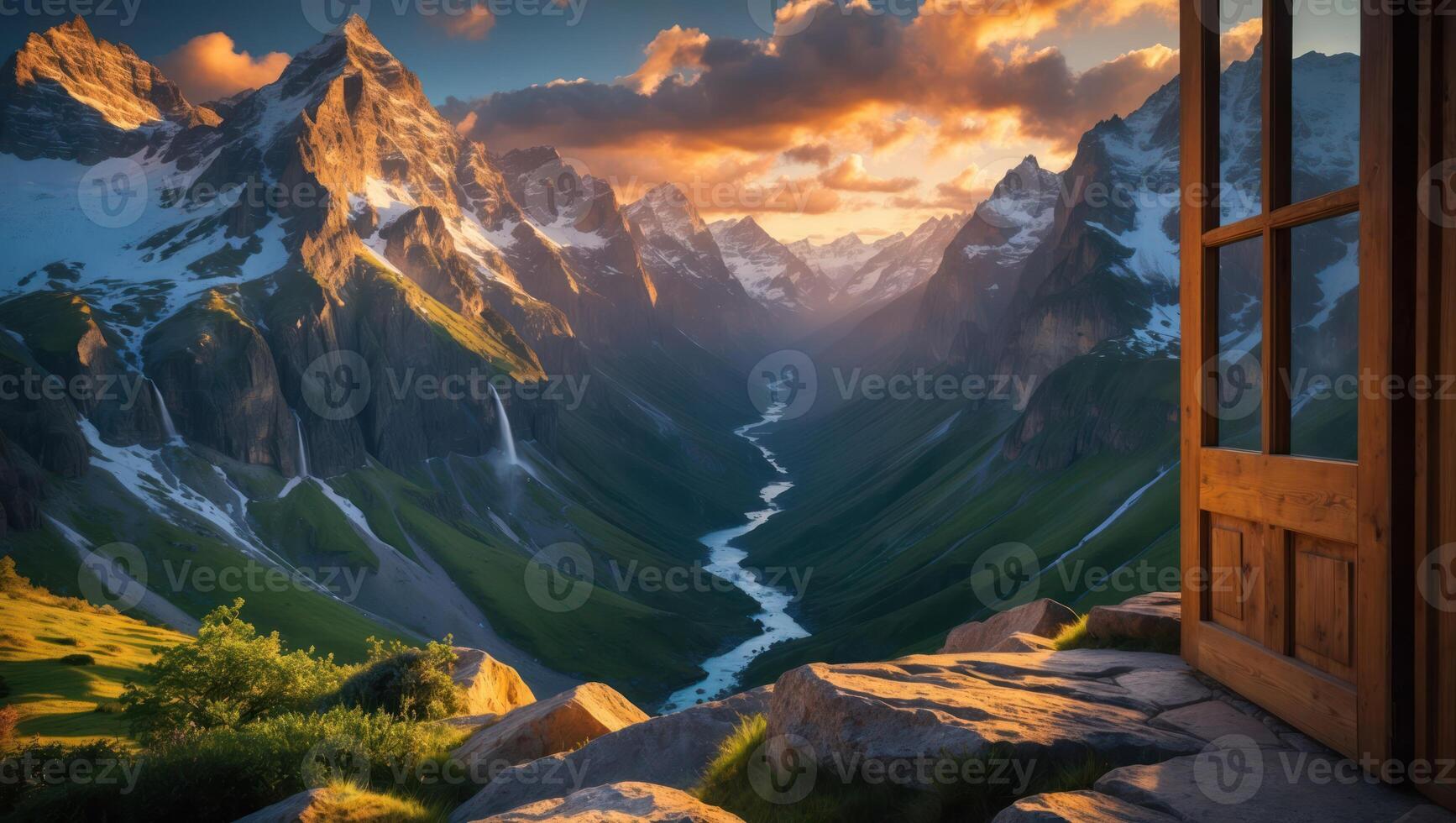 Mountain Valley View From Open Door at Sunset in Nature photo