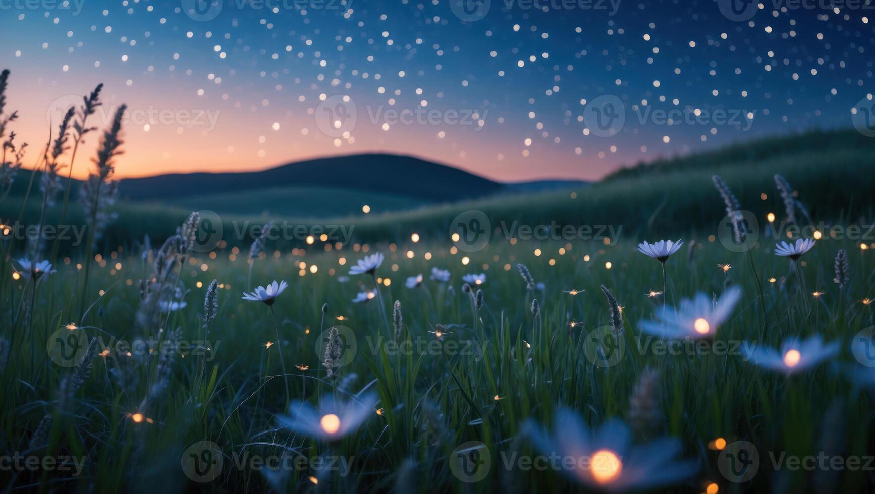 Field with Flowers and Fireflies at Night Under Starry Sky photo