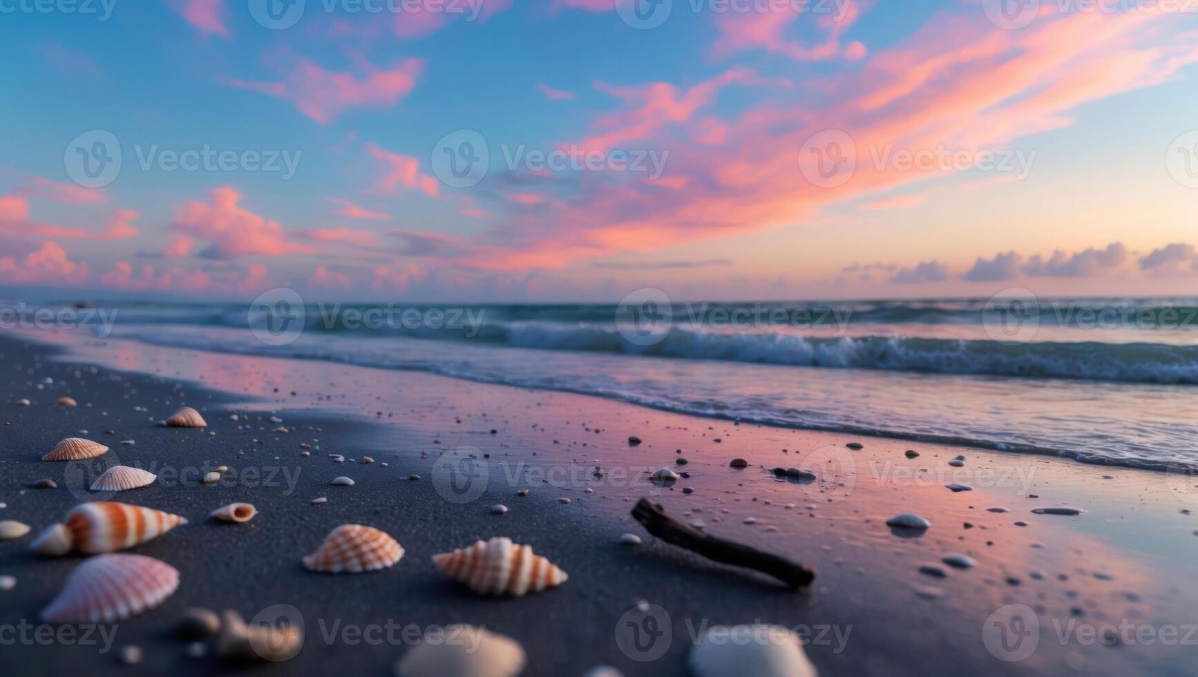 Seashells on Beach at Sunset with Waves and Colorful Sky photo