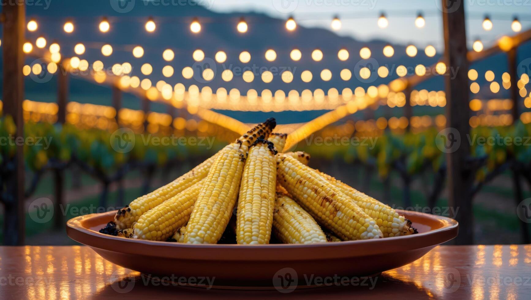 Grilled Corn on the Cob at Vineyard with String Lights photo