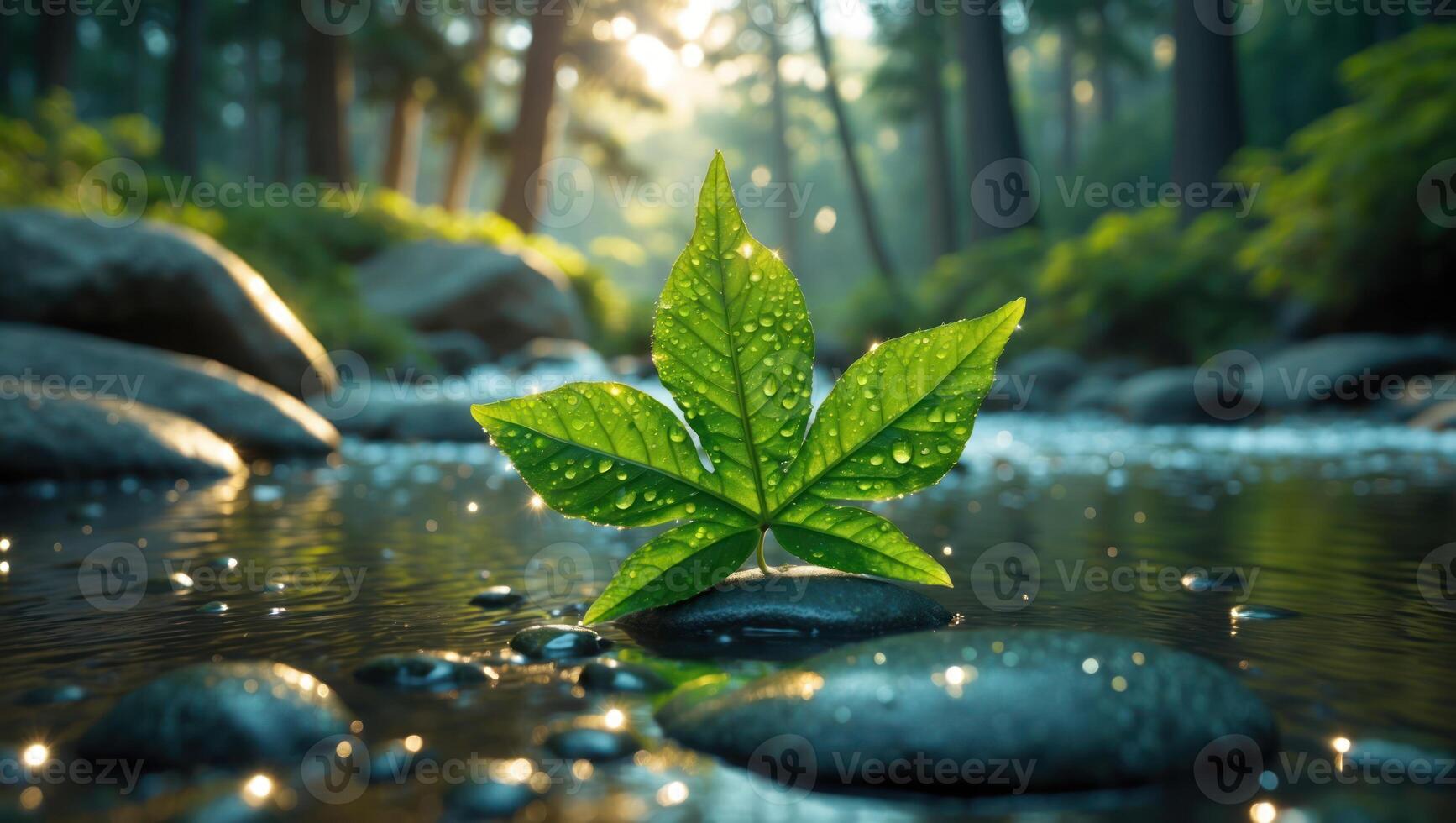 Floating Leaf on River Rock with Water Droplets in Forest photo