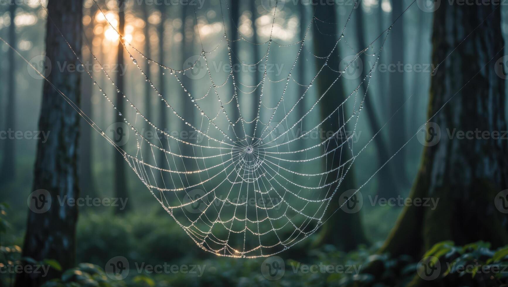 Spiderweb in Forest with Dew Drops and Sunlight Breaking Through Trees photo