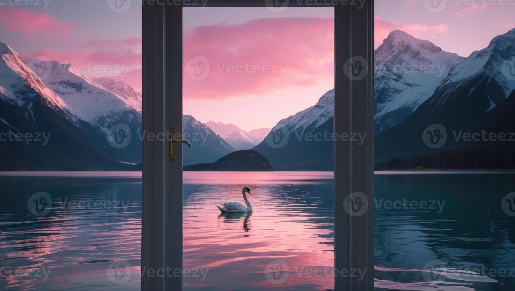 Swan Swimming on Lake Viewed Through Open Door with Mountains photo