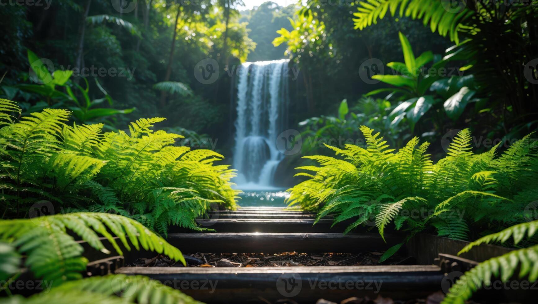 Waterfall Cascading in Lush Forest with Wooden Steps and Ferns photo
