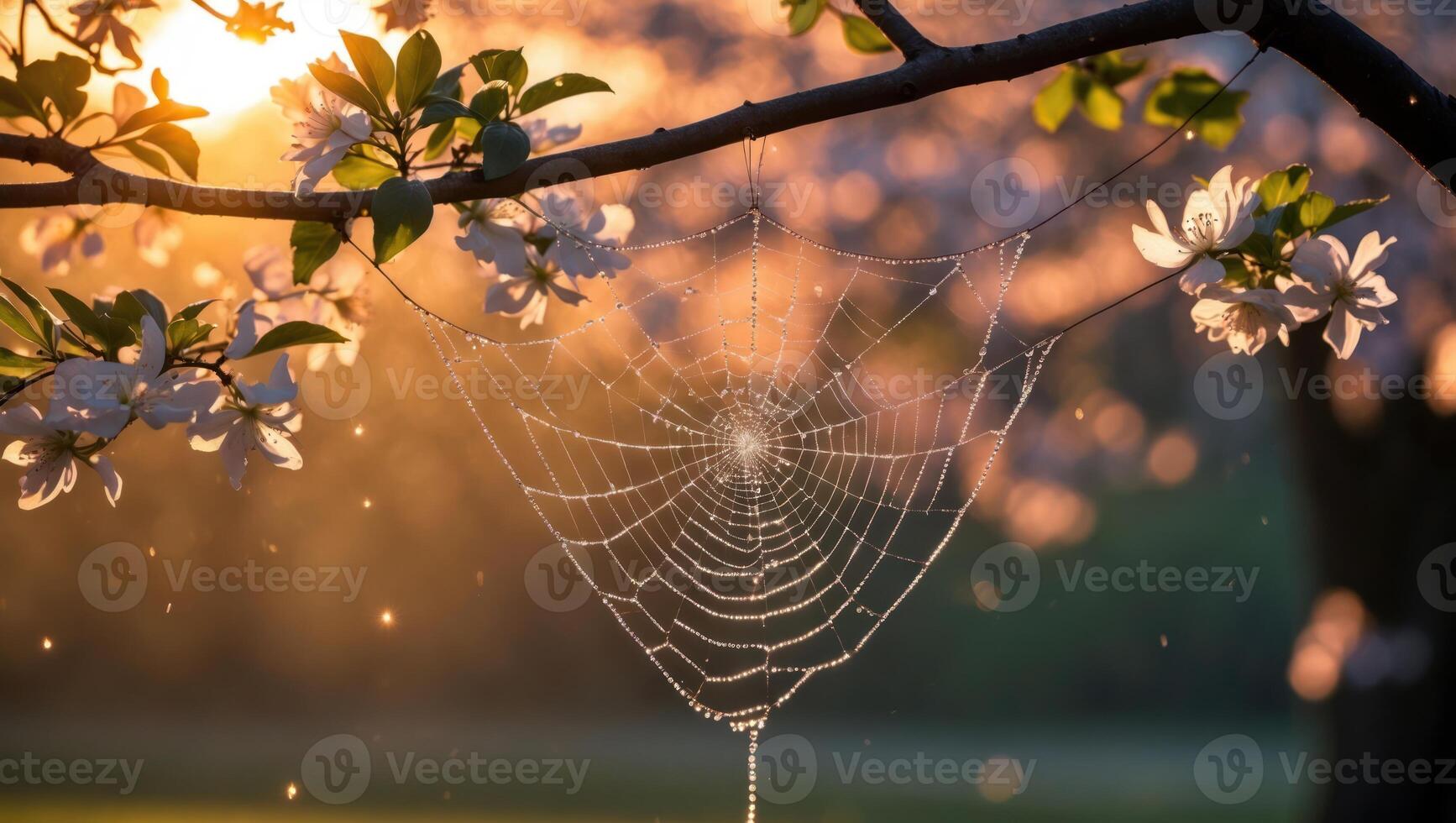 Spiderweb with Dewdrops Hanging on Tree Branch in Springtime photo