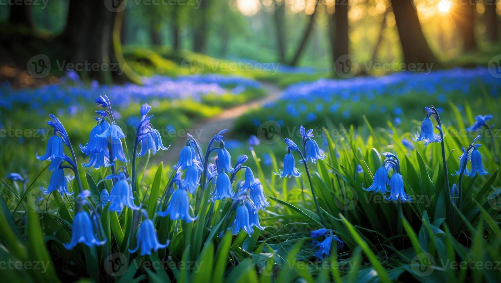 Bluebell Flowers Blooming in Spring Forest at Sunrise with Sunlight photo