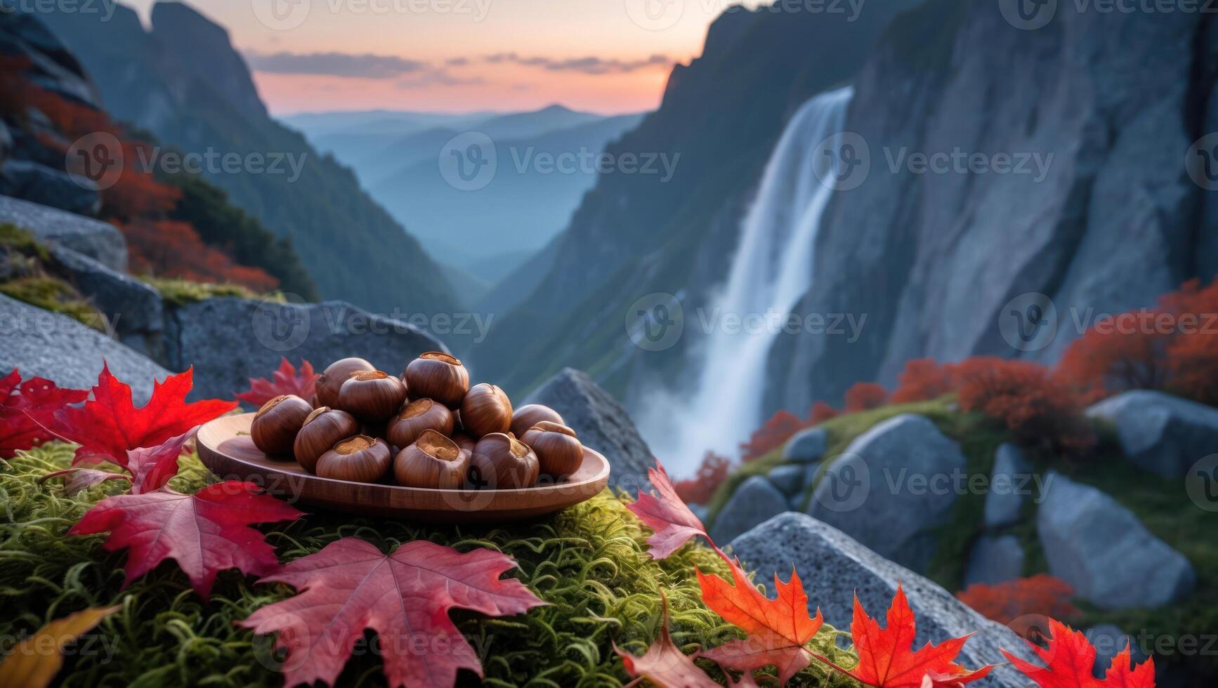 Chestnuts on Wooden Plate with Waterfall and Autumnal Leaves Scenery photo
