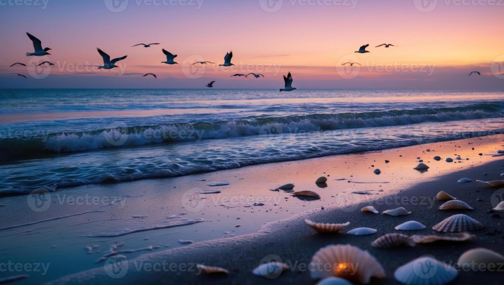 Seagulls Flying Above Ocean Waves at Sunset with Seashells on Sand photo
