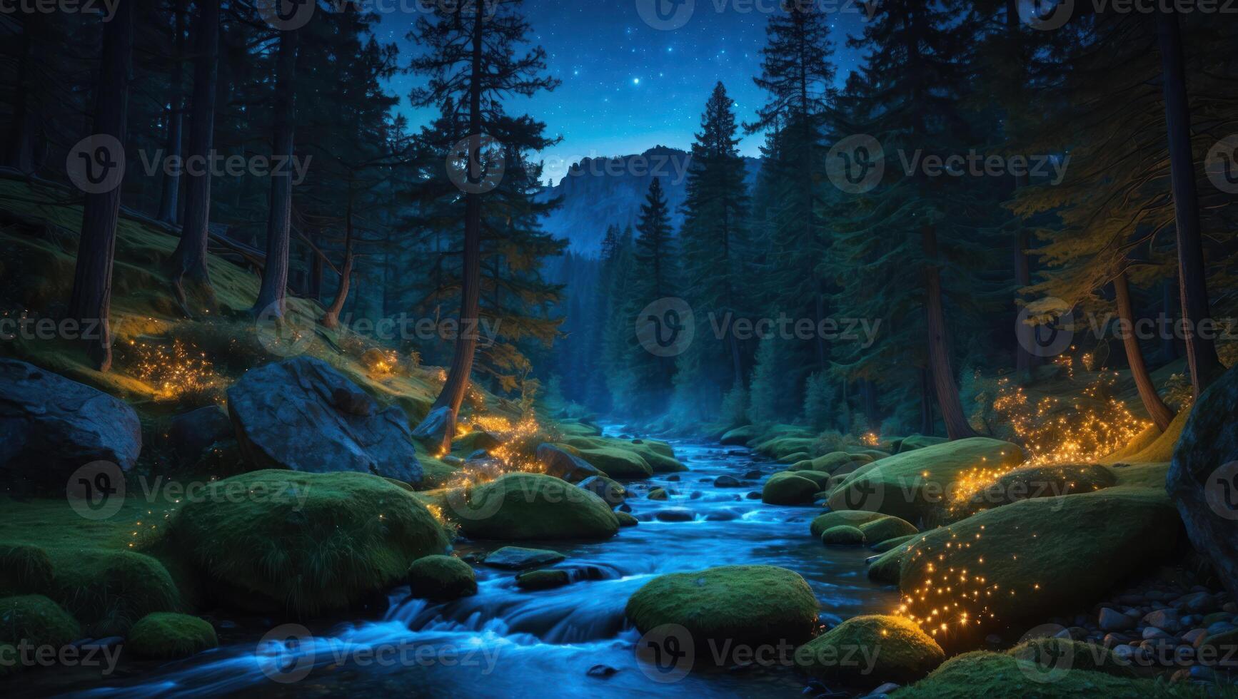 Flowing River Through Forest at Night with Stars and Mossy Rocks photo