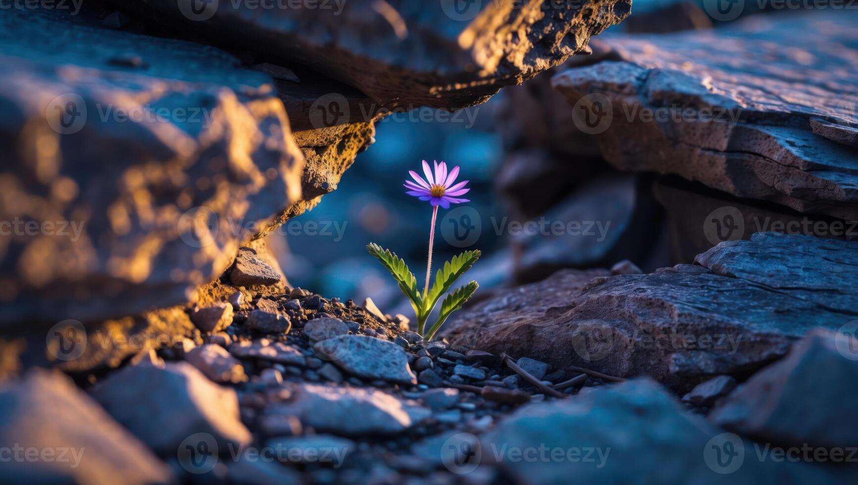 Daisy Growing Through Rocks Shows Resilience and Strength in Nature photo
