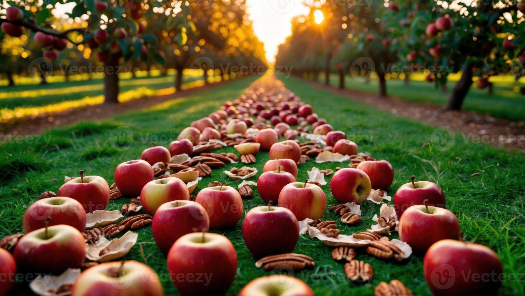 Red Apples and Pecans Arranged on Orchard Grass at Sunset photo