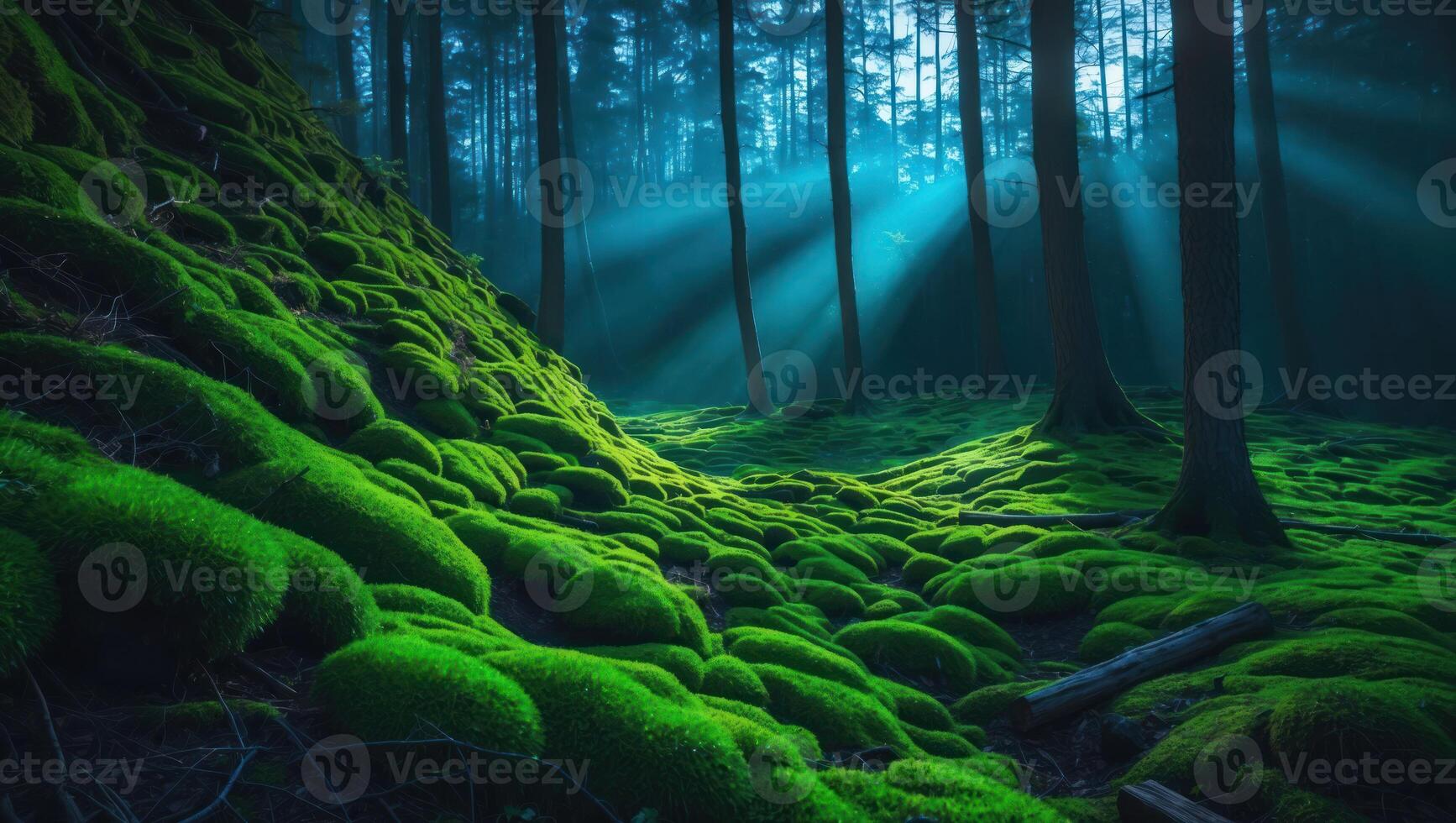 Walking Through a Lush Mossy Forest with Sunlight Streaming Down photo