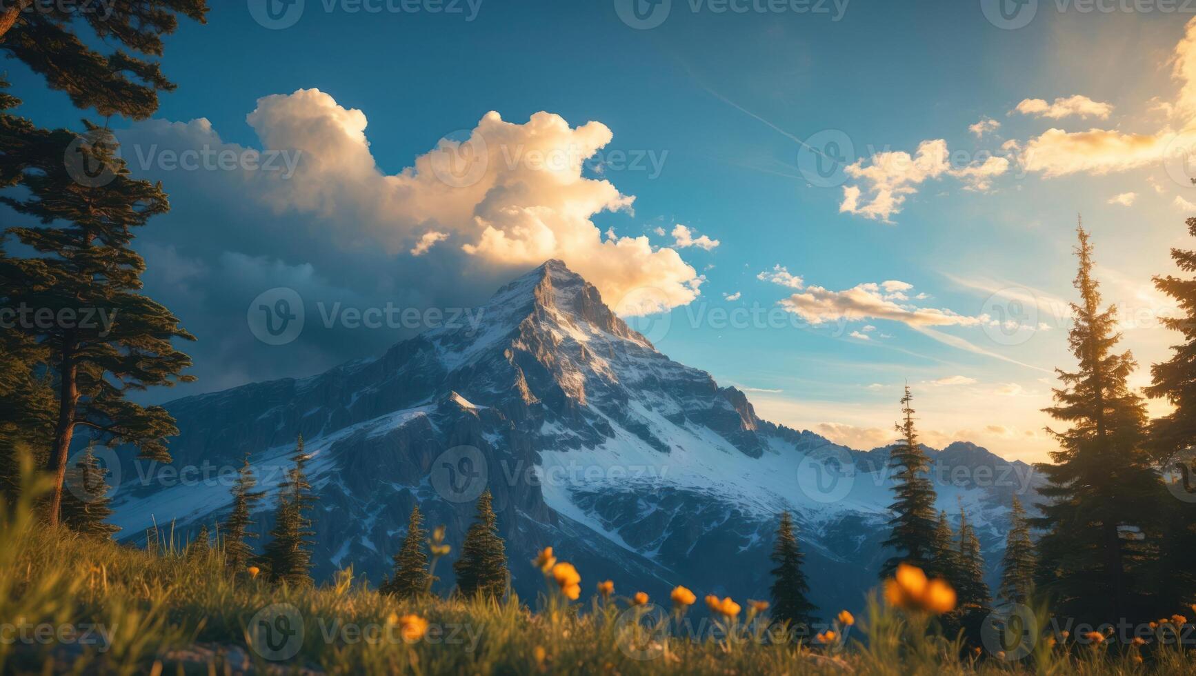 Snow Capped Mountain Peak and Field of Flowers at Sunset photo
