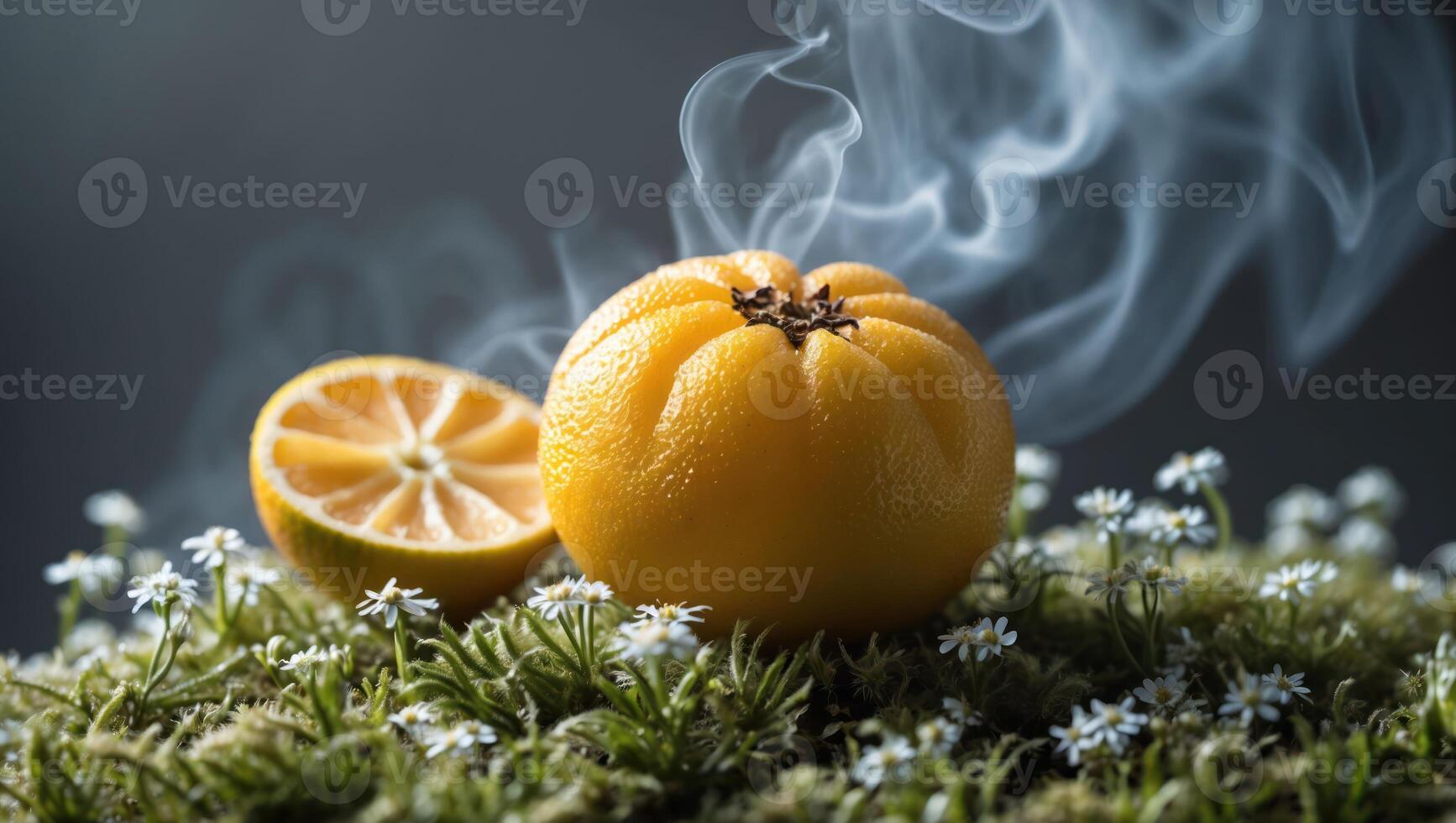 Fragrant Orange with Smoke and Small Flowers Still Life Scene photo