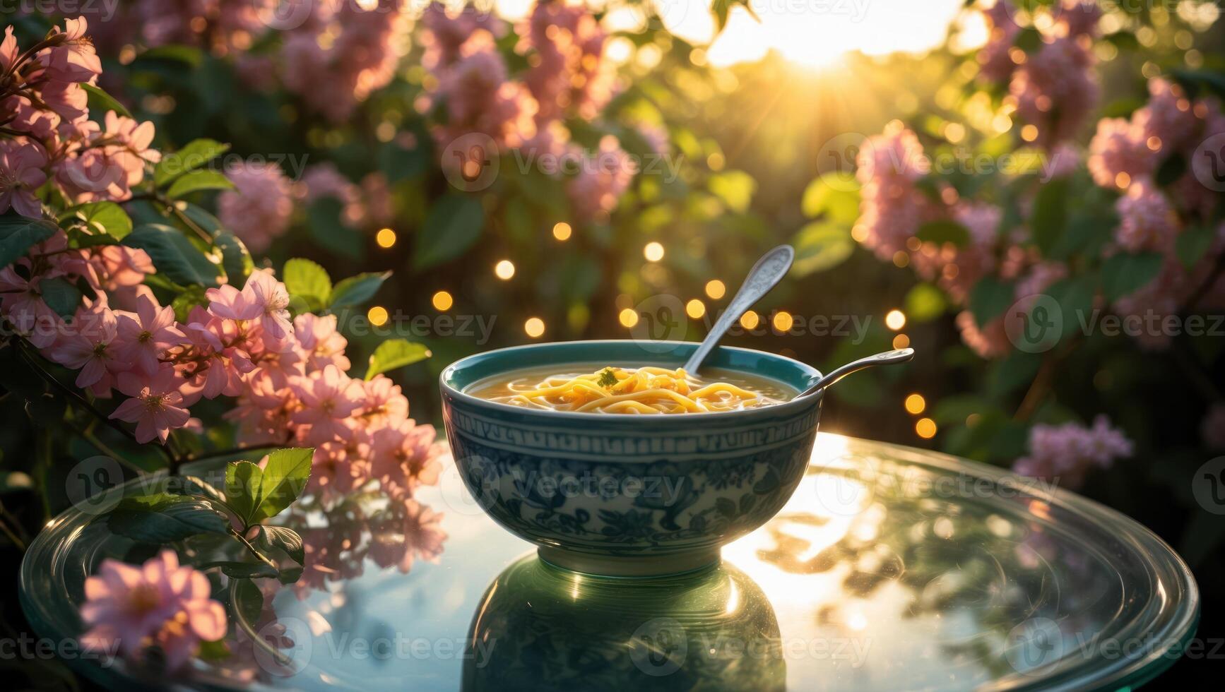 Serving Noodle Soup Outdoors with Flowers and Soft Evening Light photo