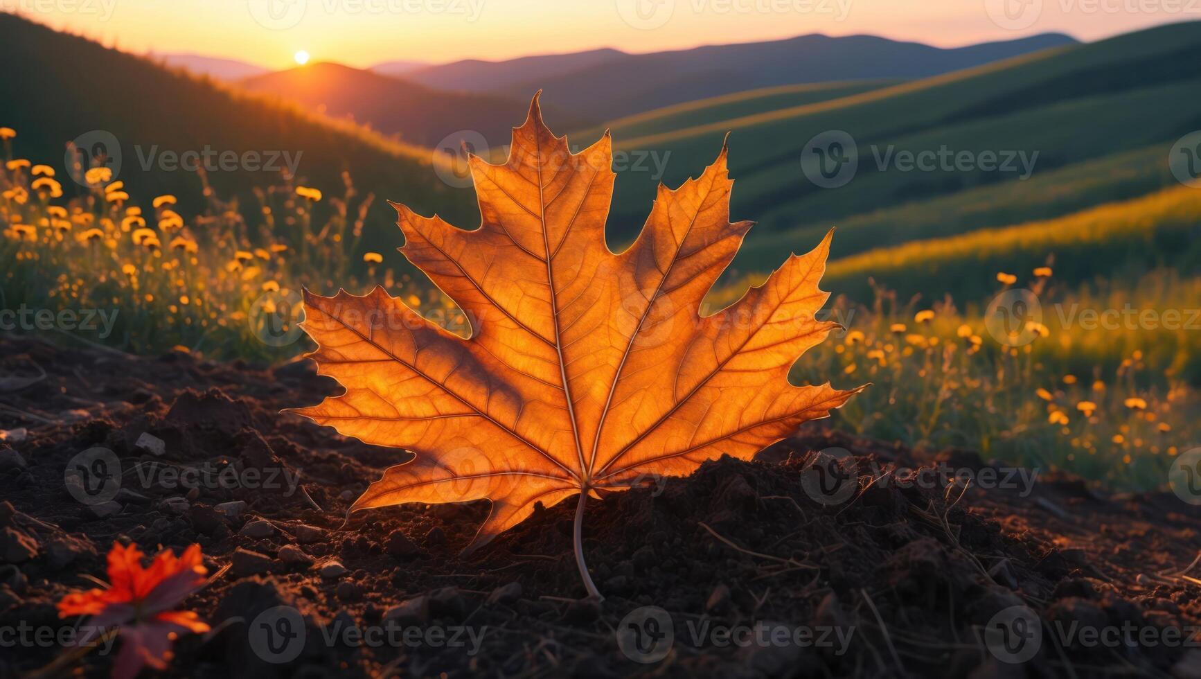 Autumn Leaf on Soil with Hills and Sunset in Background photo