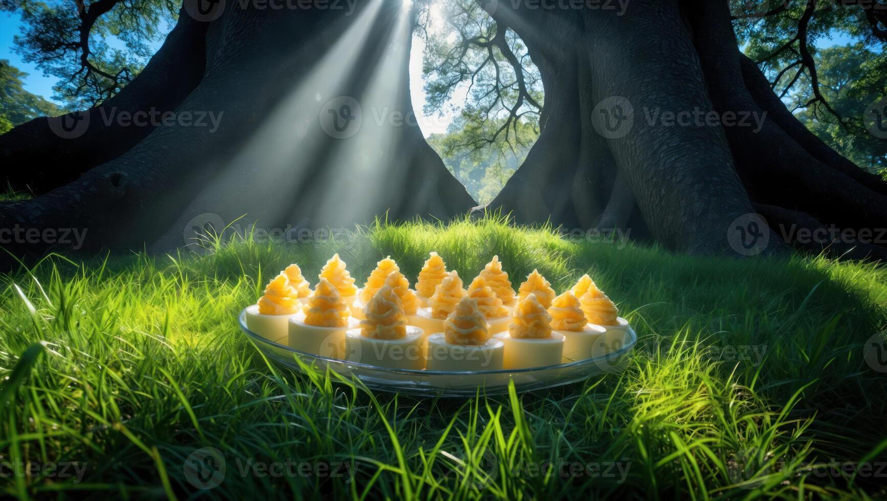Deviled Eggs on Glass Plate in Grassy Forest Setting with Sunlight photo