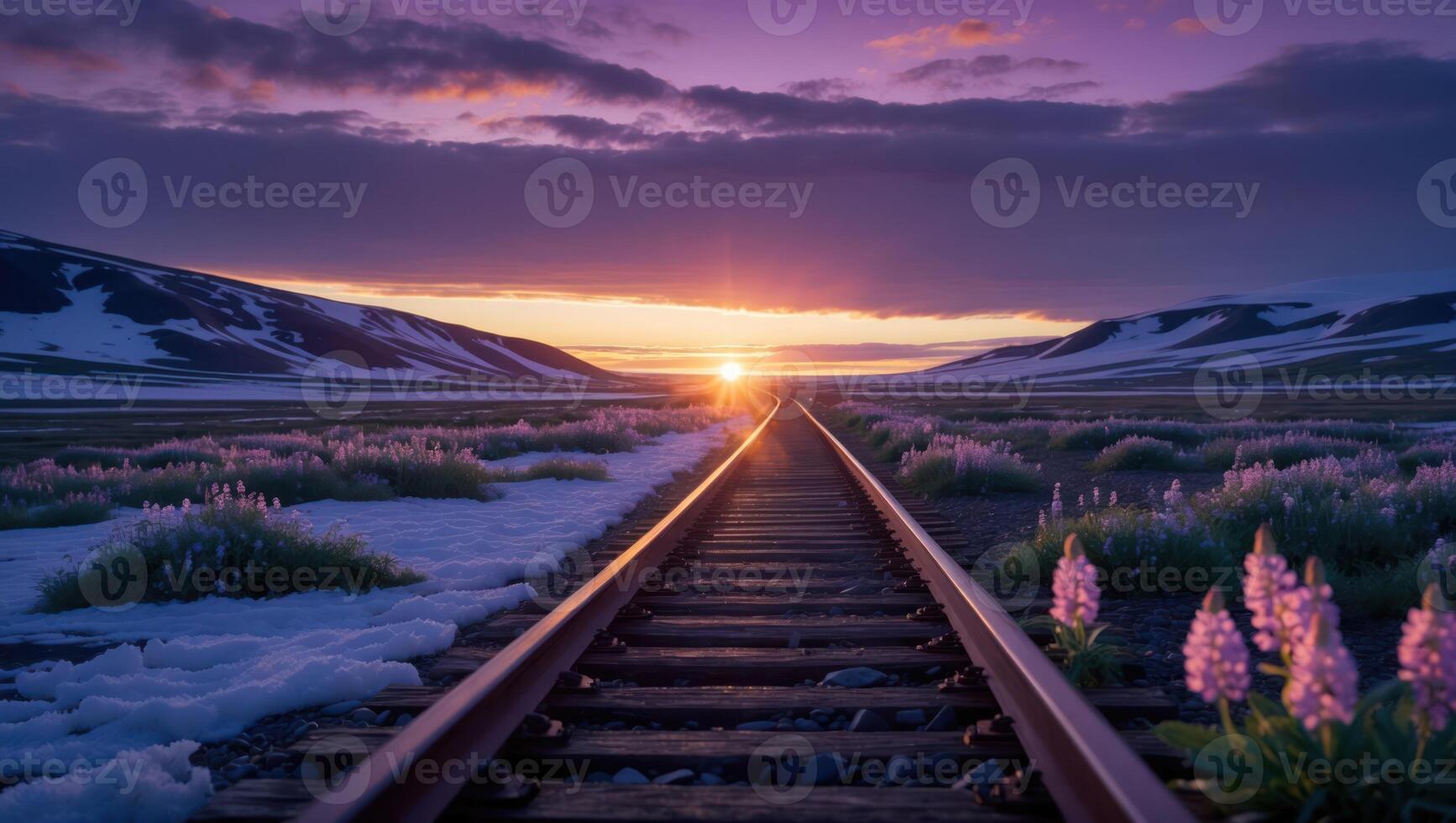 Railroad Tracks Stretching to the Horizon at Sunset with Snowy Landscape photo