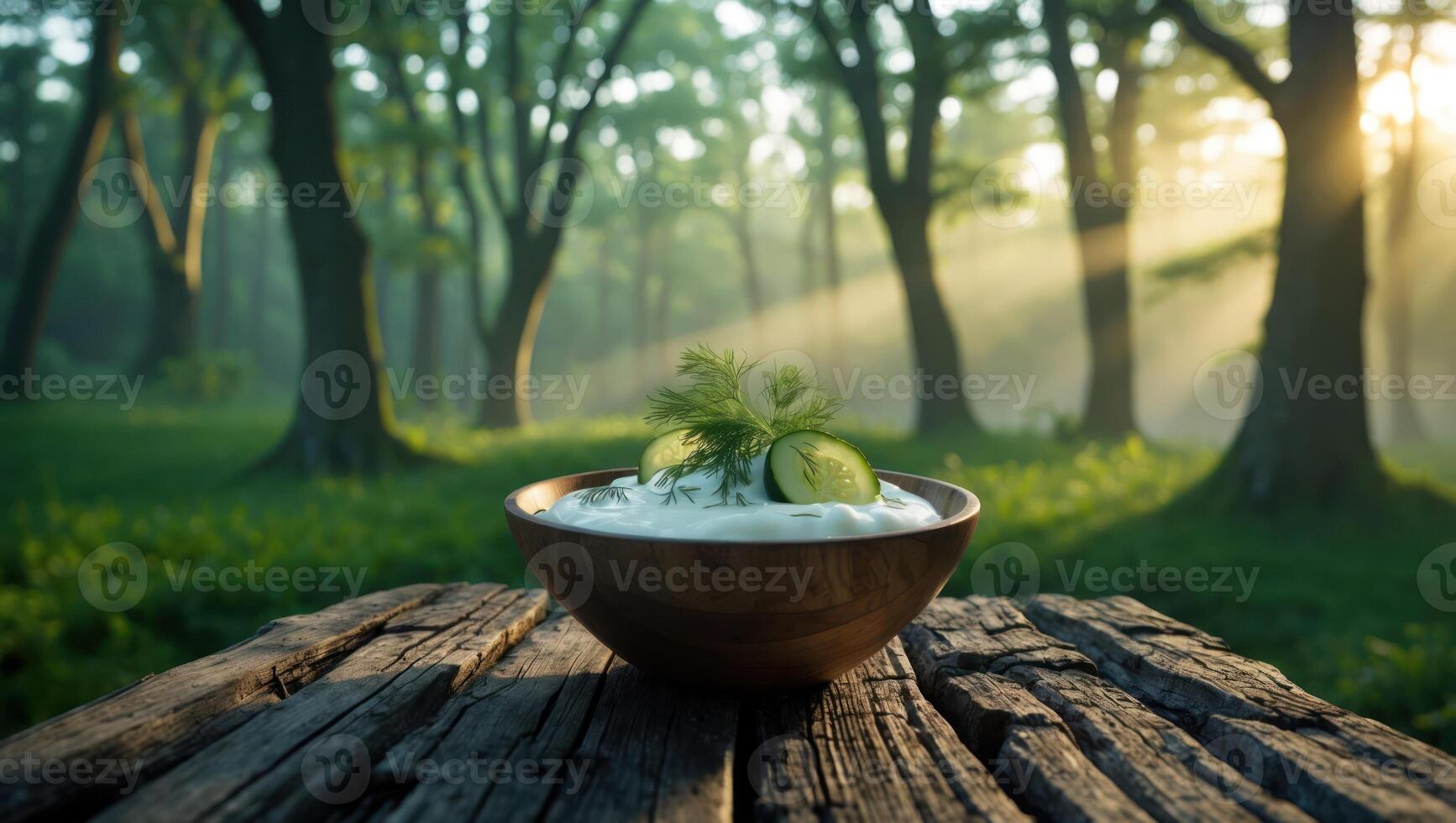 Yogurt Dip with Cucumber and Dill on Rustic Wooden Table photo