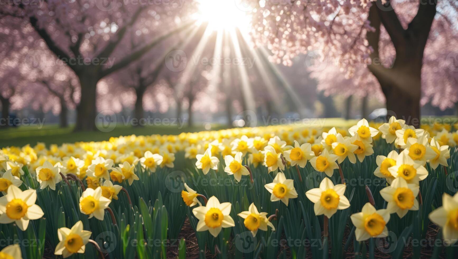 Daffodils Blooming in Spring Meadow with Sun Rays and Cherry Blossoms photo