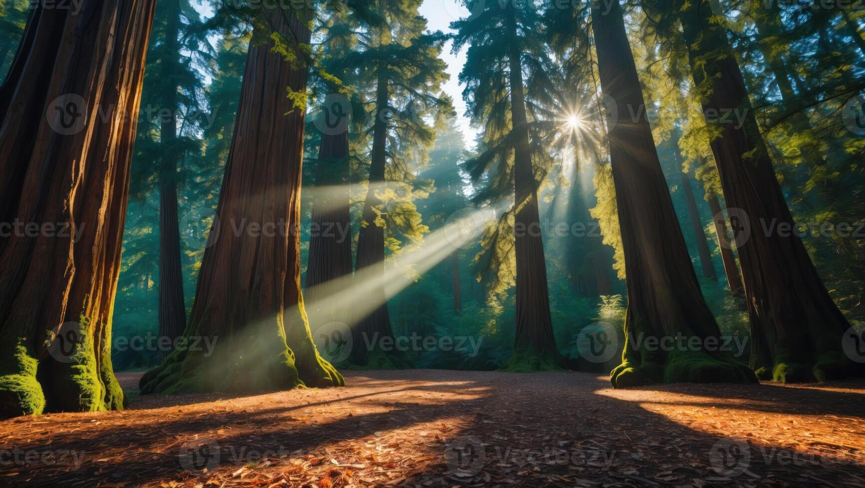 Sunlight Streaming Through Towering Trees in a Tranquil Forest Scene photo