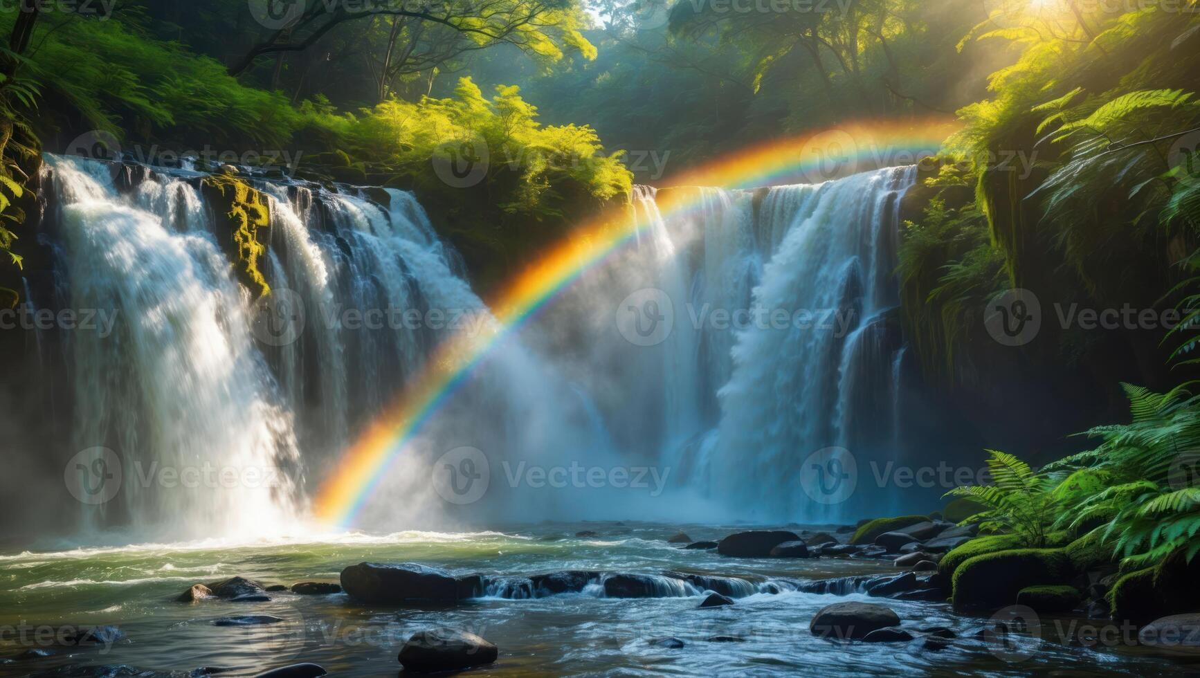 Waterfall with Rainbow Splendor Cascading Down Rocky Cliff Surrounded by Greenery photo