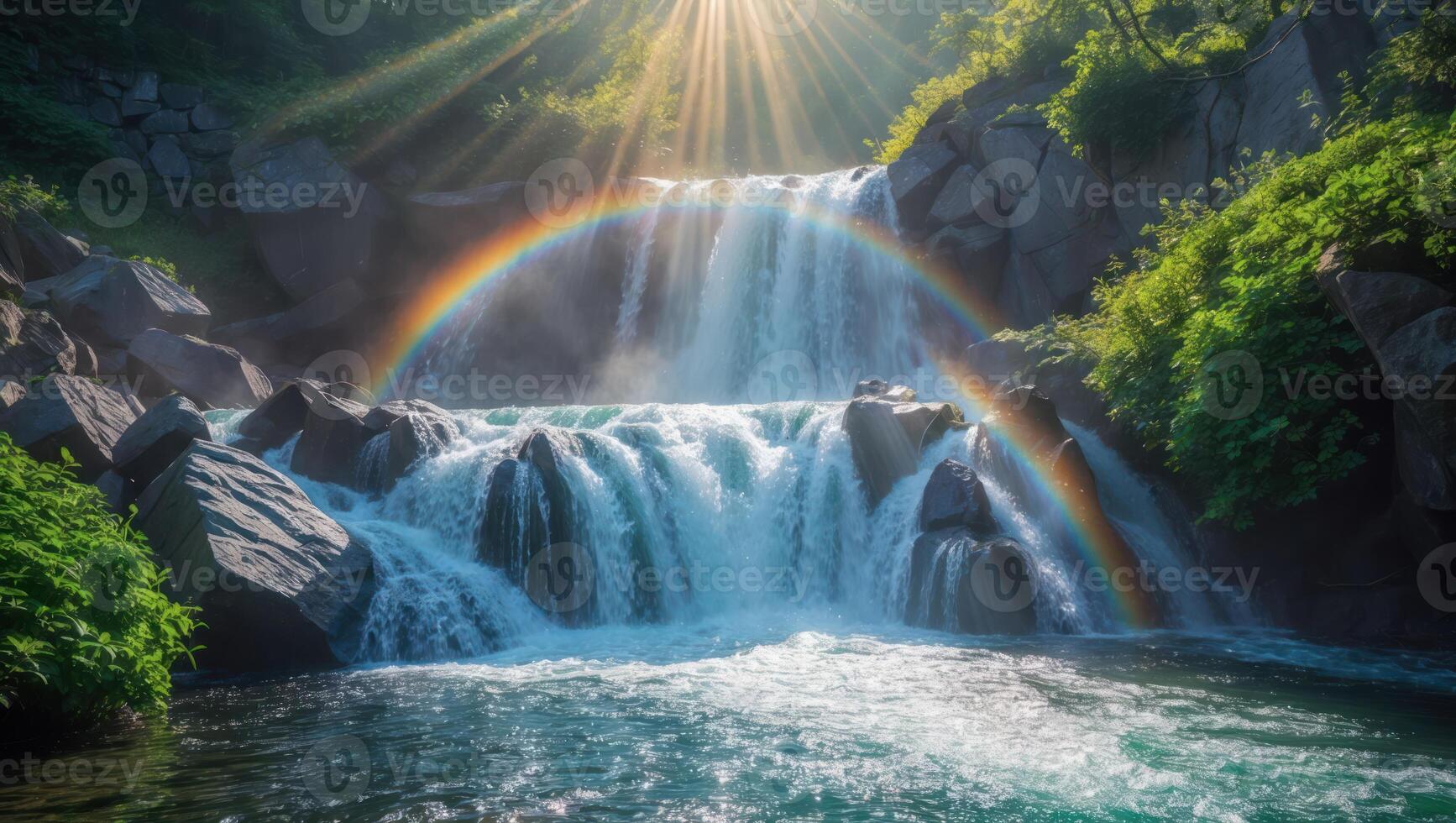 Waterfall with Rainbow and Sunlight Flowing Through Rocks and Lush Greenery photo