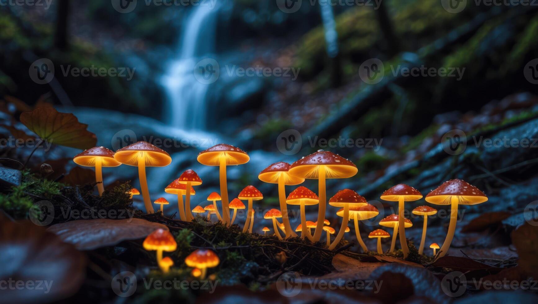 Glowing Mushrooms in Forest with Waterfall Background, Nature Exploration photo