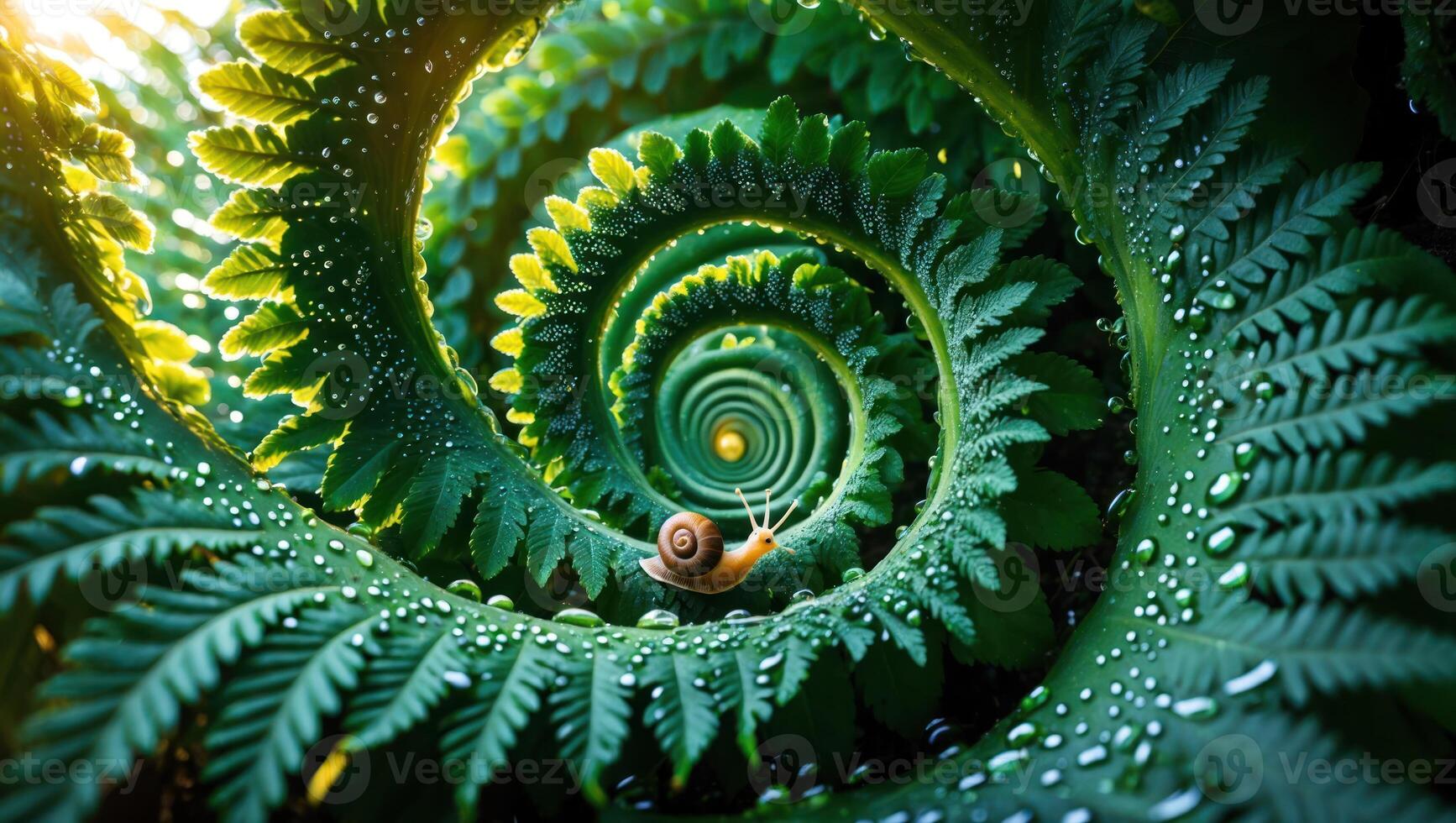 Snail Crawling on Swirling Green Fern with Water Droplets photo