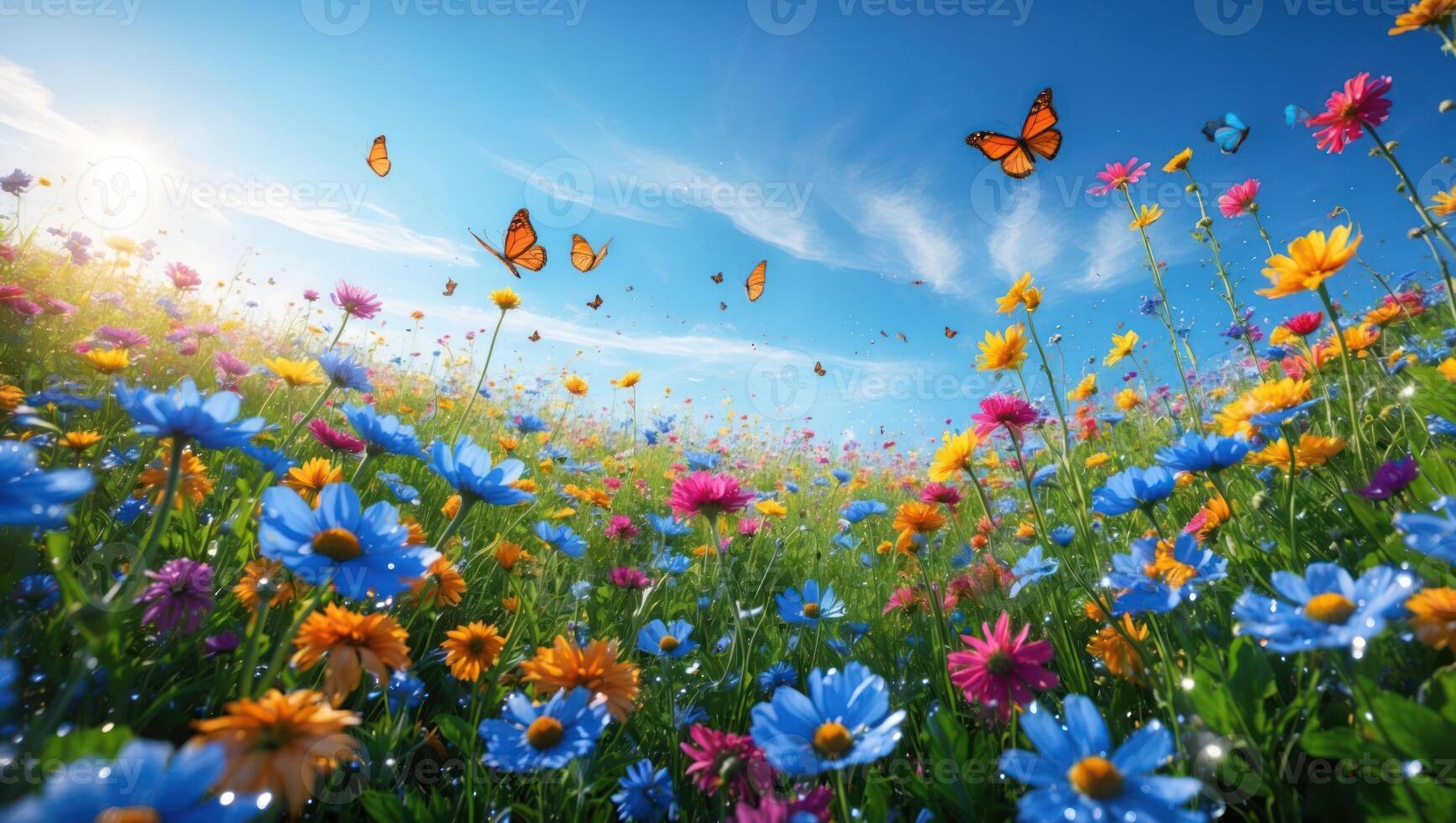 Colorful Flower Meadow with Flying Butterflies Under Sunny Sky photo