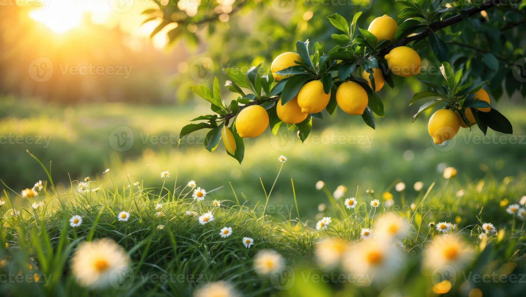 Branch with Lemons Hanging in a Meadow of Daisies at Sunset photo
