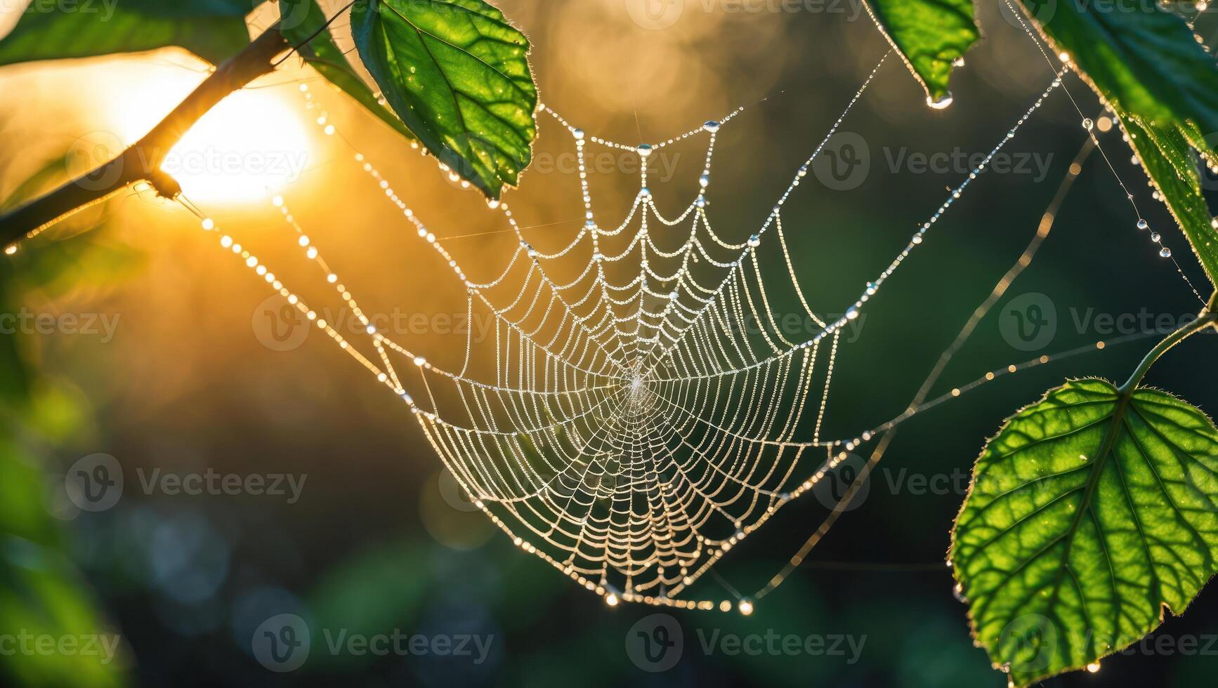 Spiderweb with Dewdrops Shines in Golden Sunlight Among Green Leaves photo