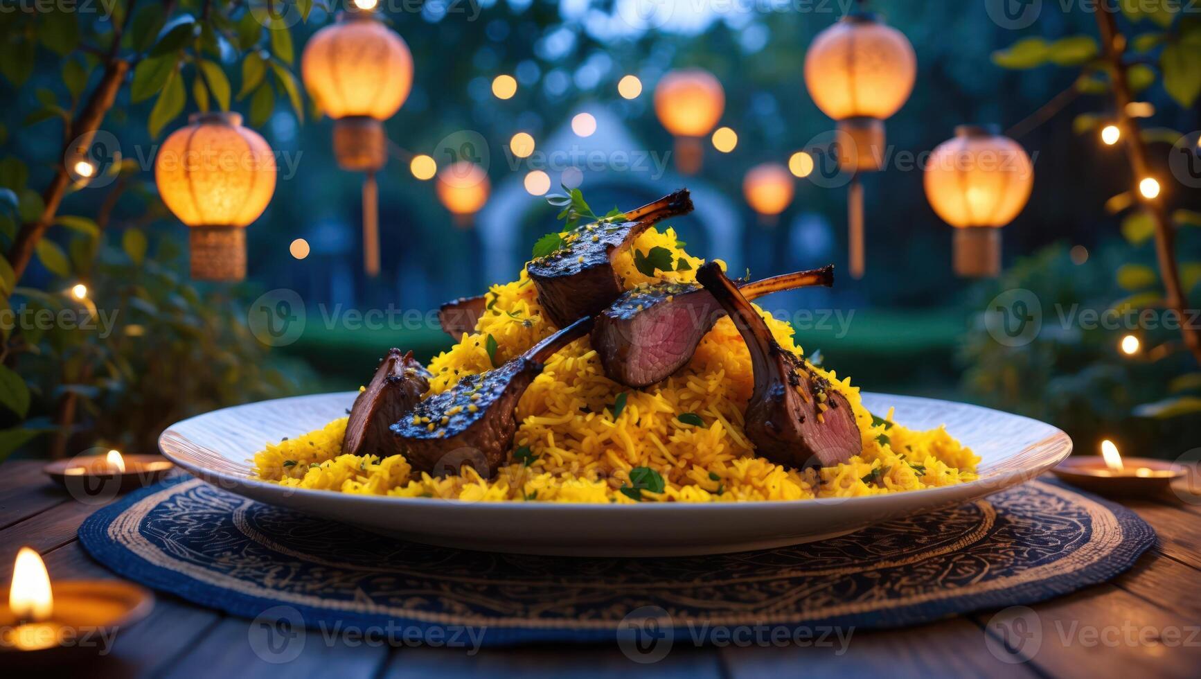 Serving Lamb Chops on Yellow Rice with Lanterns Background photo